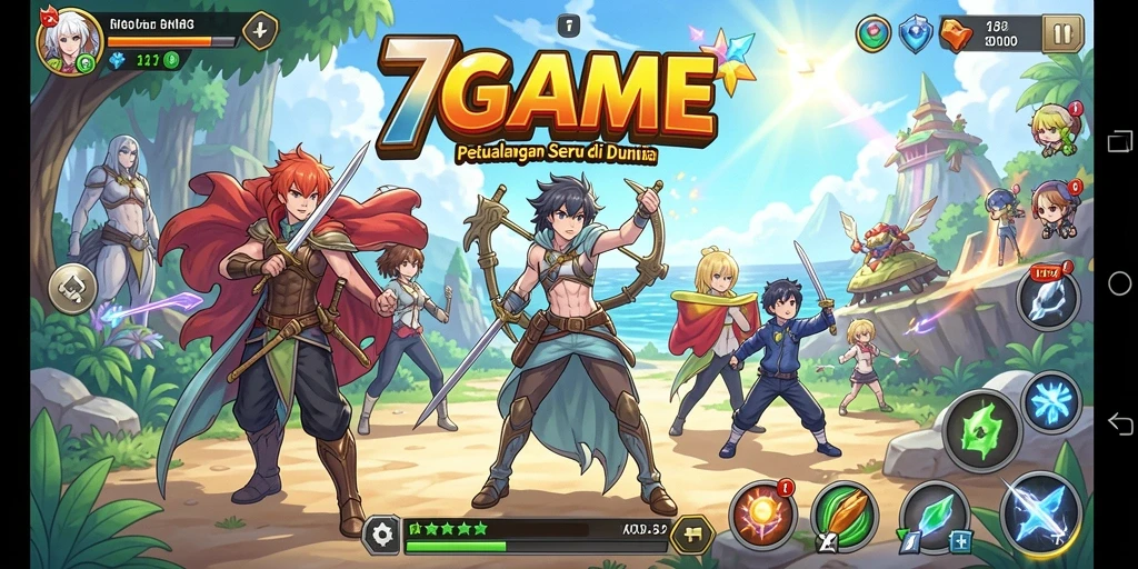 Tampilan screenshot dari gameplay 7GAME dengan karakter anime yang menarik.